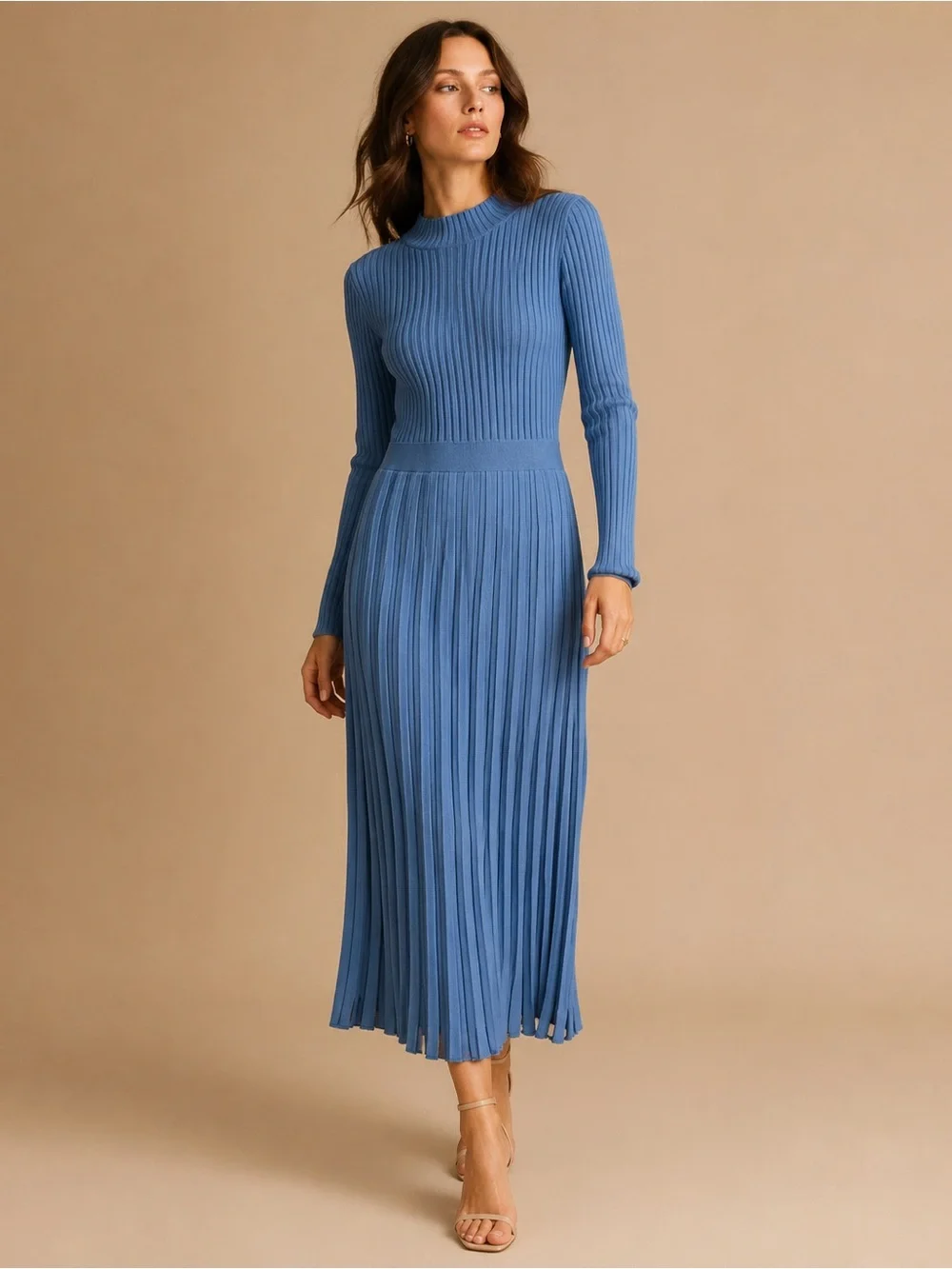 Ribbed Knit Long-Sleeve Pleated Midi Dress - Blue